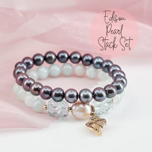 Pearl Aquamarine Charm Bracelet Set, Set of 2 Dainty Stretch Bracelets - Picture 1 of 11